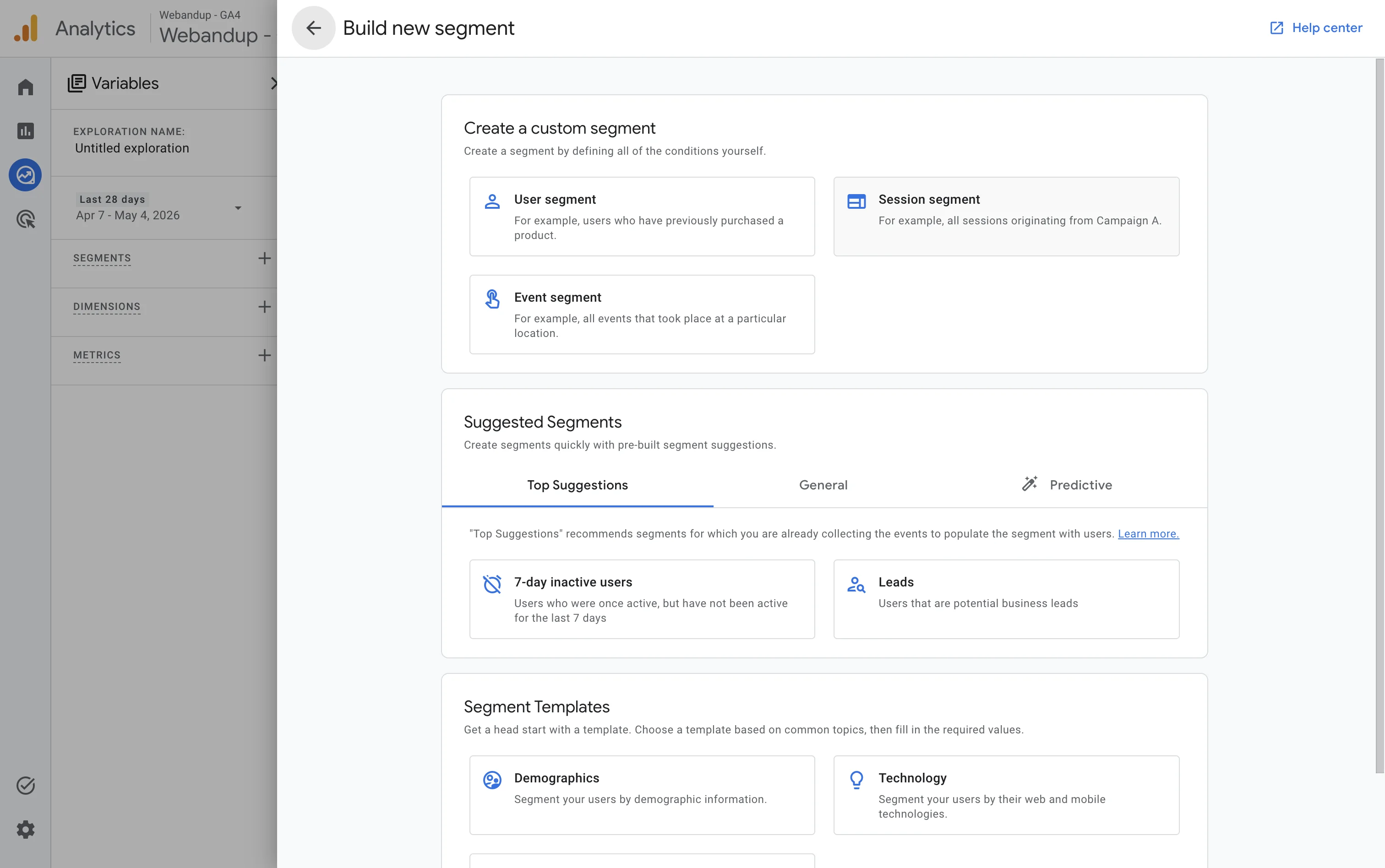 Segment creation screen in GA4 showing options: User segment, Session segment, Event segment