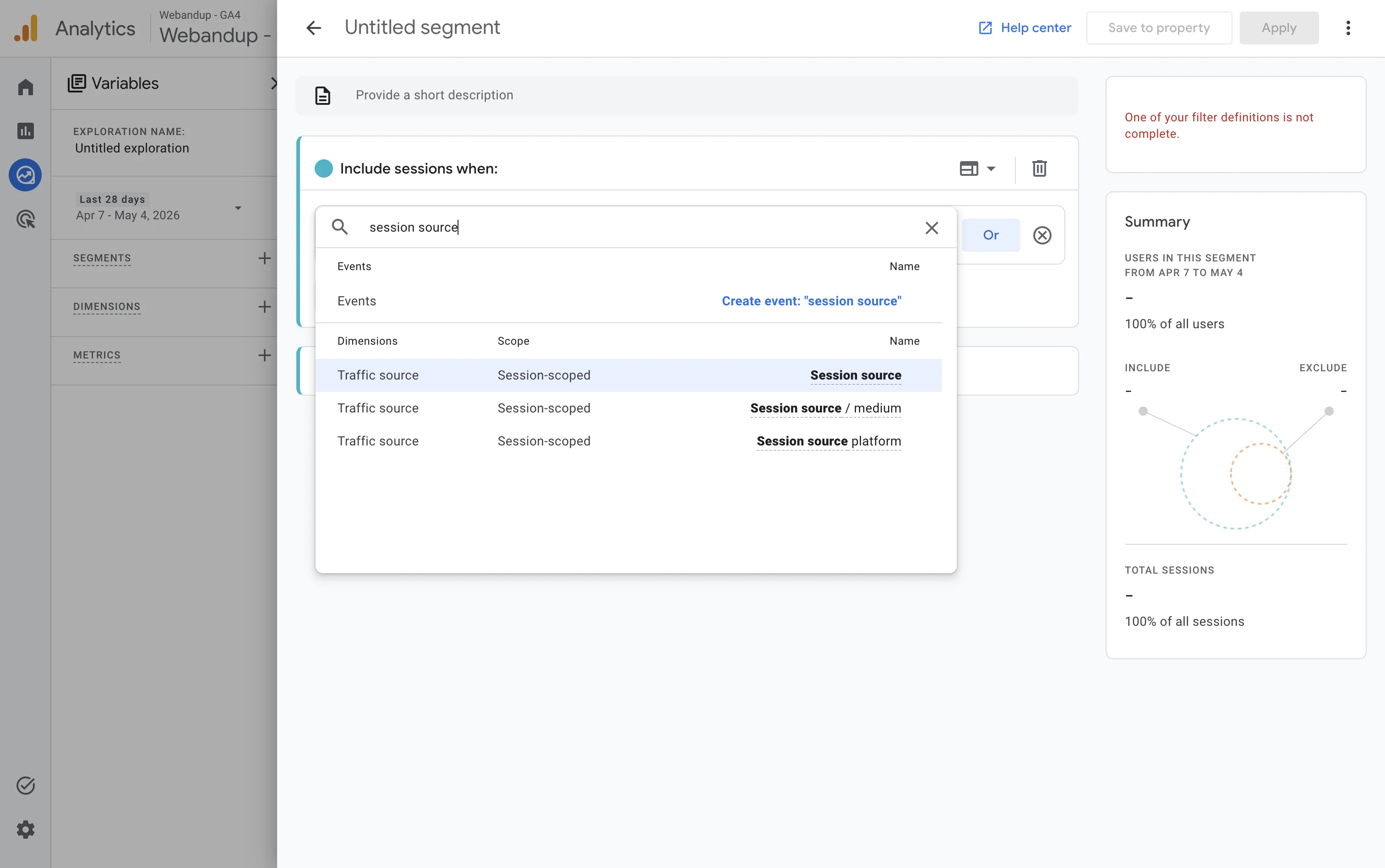 Segment builder in GA4 searching for the Session source dimension in the filter