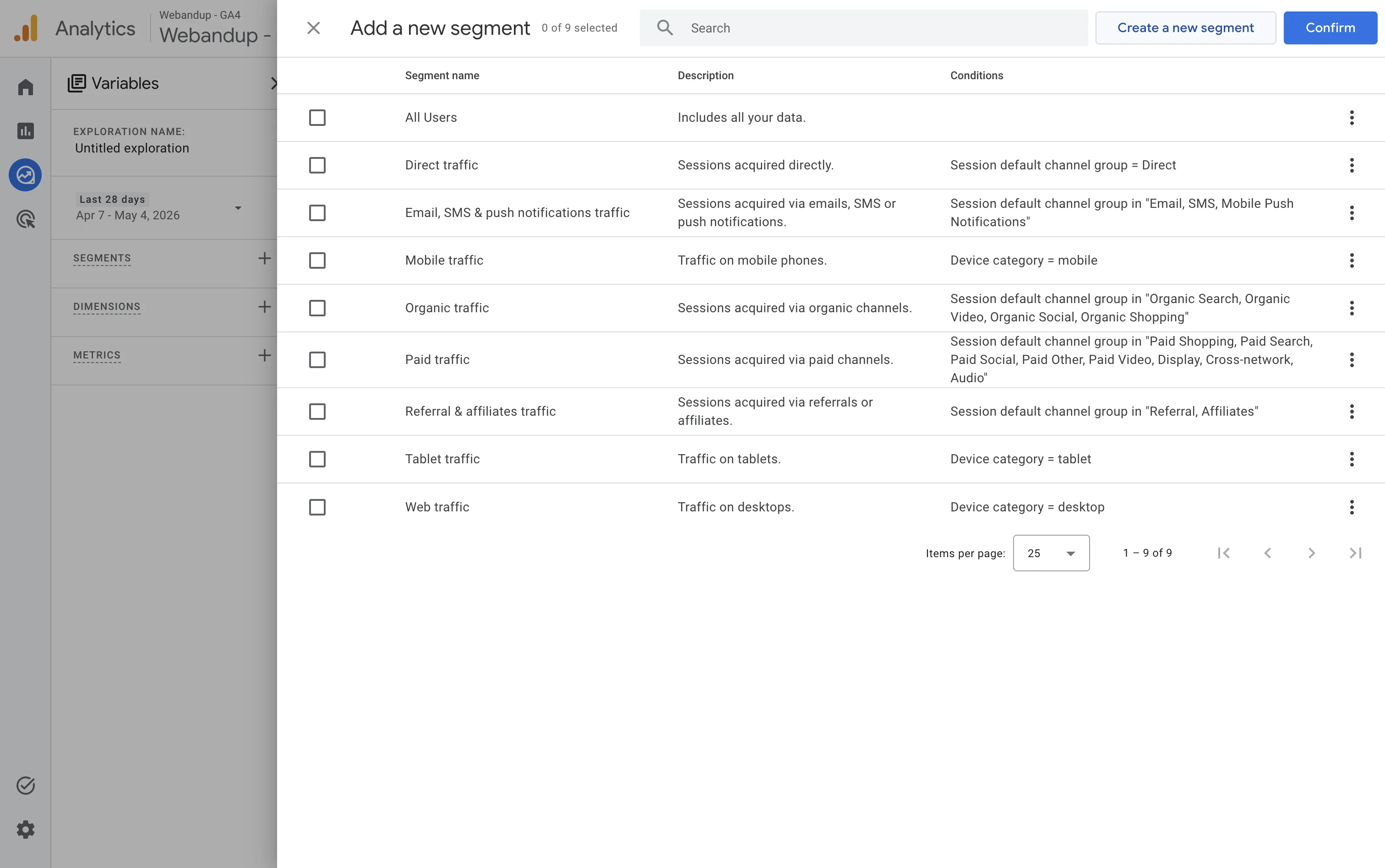 List of predefined segments in GA4 with the Create a new segment button
