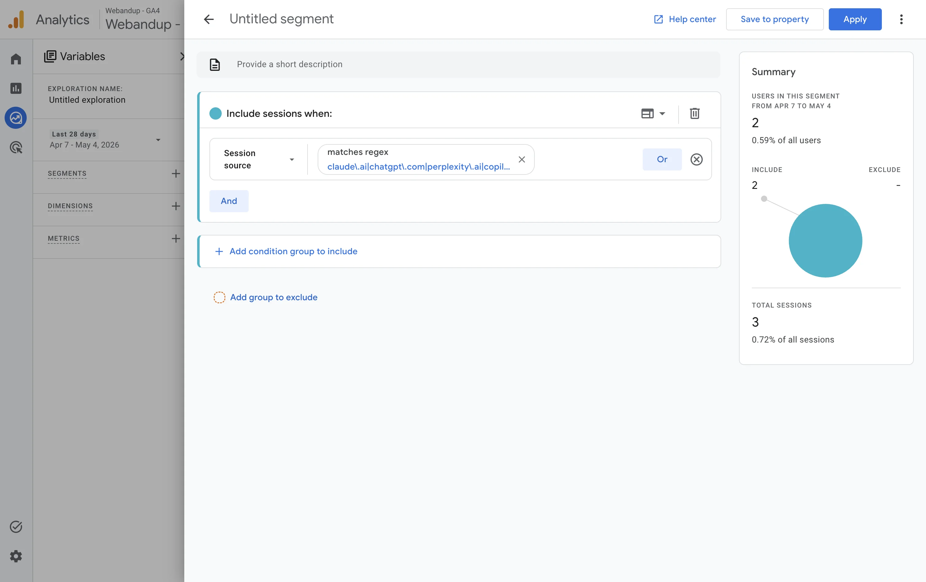 Session segment in GA4 with the condition 'Session source matches regex' and the AI regex expression configured