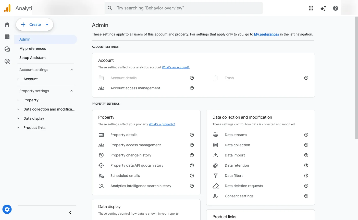 Google Analytics Admin panel with the Create button visible