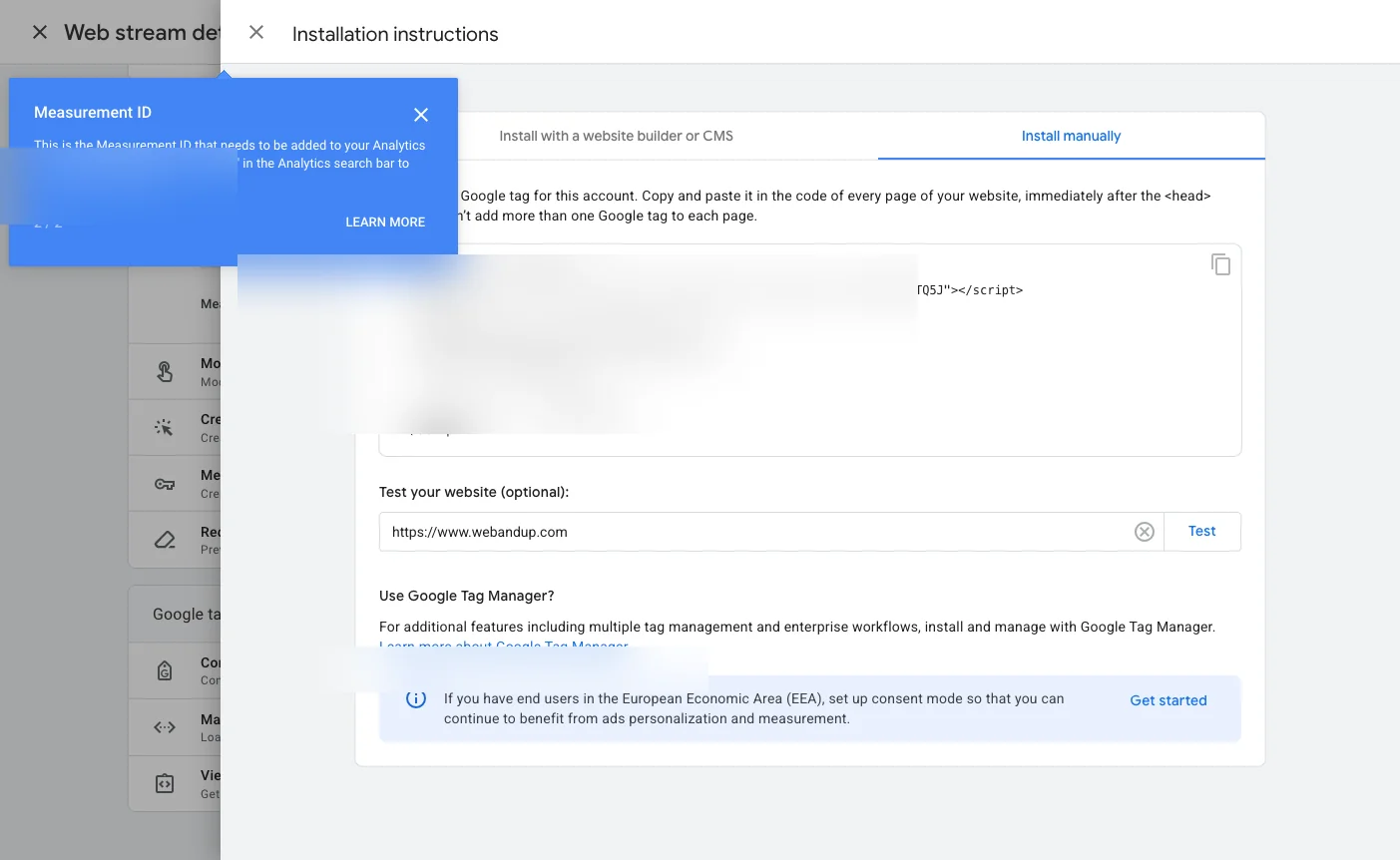 Google Analytics JavaScript code snippet (gtag.js) for manual installation