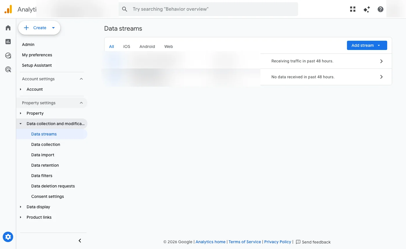 Google Analytics data streams screen showing connected websites
