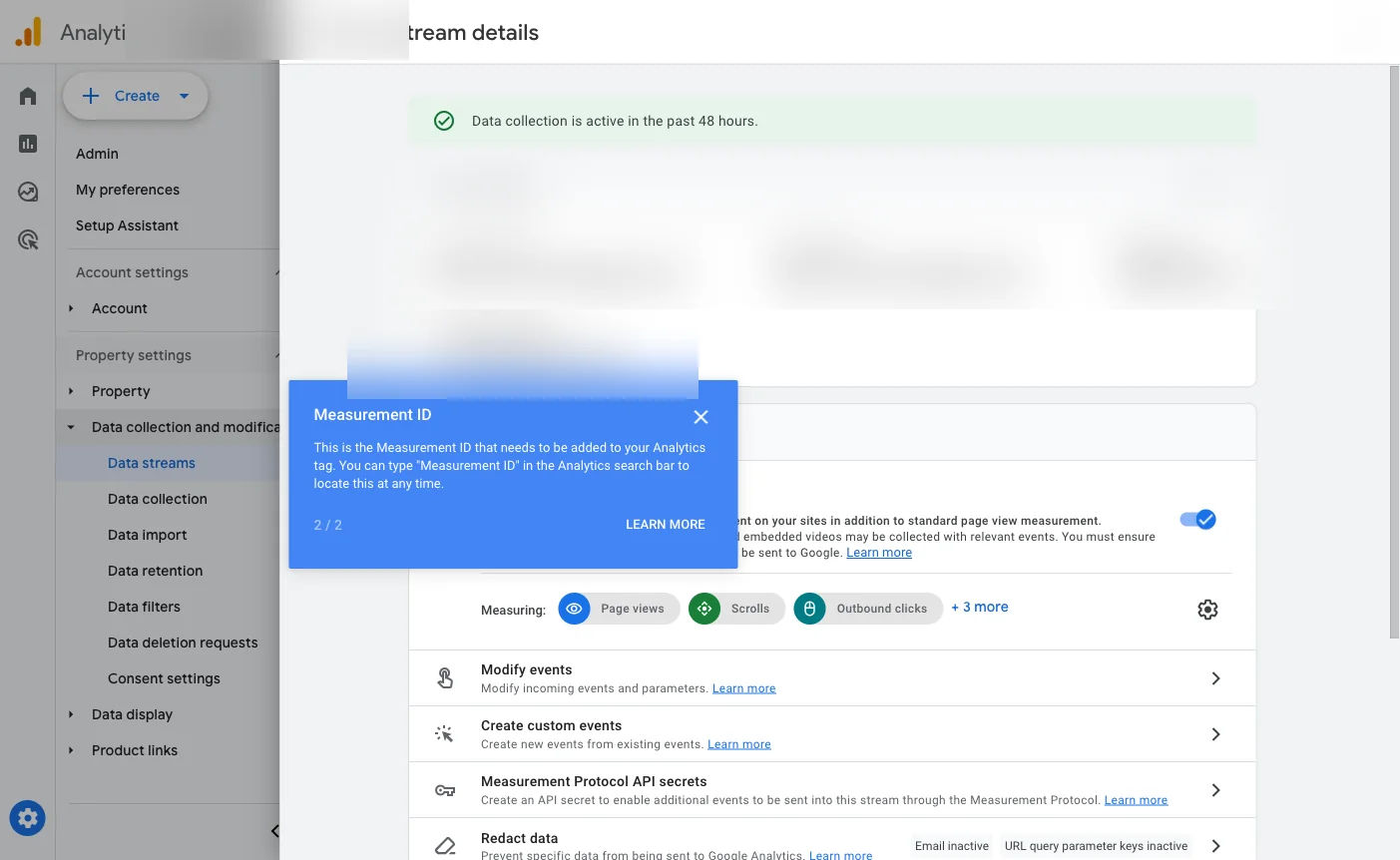 Web stream details panel showing the Measurement ID G-XXXXXXXX