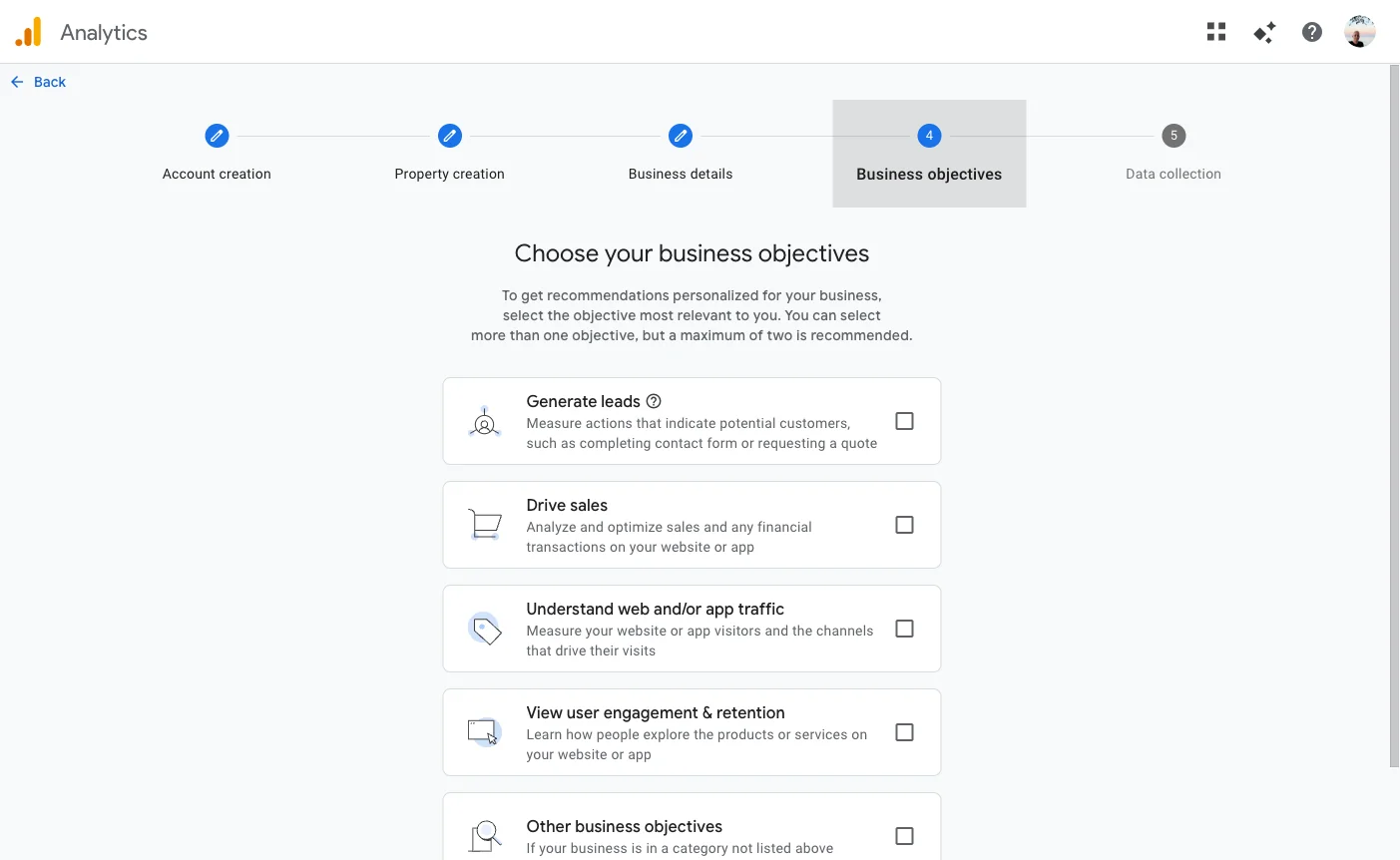 Business objectives screen in Google Analytics