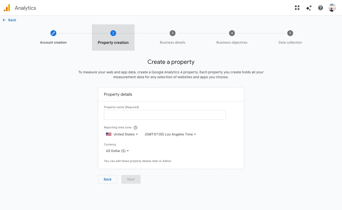 Google Analytics 4 property creation form