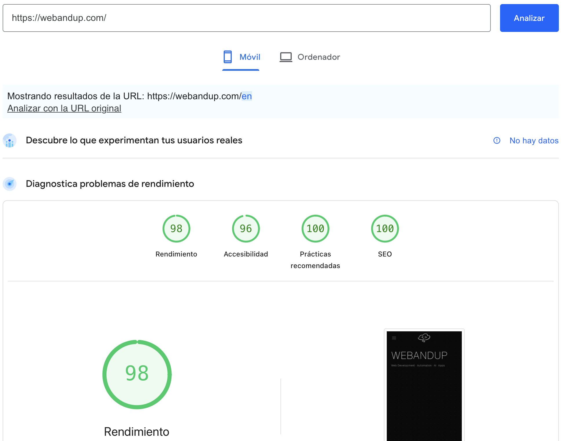 PageSpeed Insights de webandup.com: 98 Rendimiento, 96 Accesibilidad, 100 Prácticas recomendadas, 100 SEO